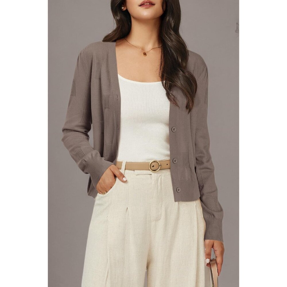 Women’s Light Cropped Cardigan V Neck Button Long Sleeve Fall Casual Sweater - Picture 5 of 5
